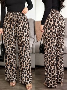 SHEIN PETITE CURVE 大尺碼女款時尚休閒度假風豹紋長褲，附蝴蝶結，適合春夏秋季 - 彩色 - 查看 2