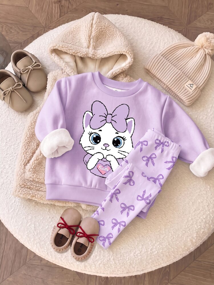 Cream Purple Soft Sweet Glitter Bow Cartoon Cat Plush Applique Embroidery Pattern Young Girl Casual Soft Comfortable Loose Round Neck Pullover Sweatshirt & Brushed Leggings 2pcs Set Suitable For Autumn/Winter Daily Wear, Back To School Season, New Season, Sweet Girly - Multicolor - View 8