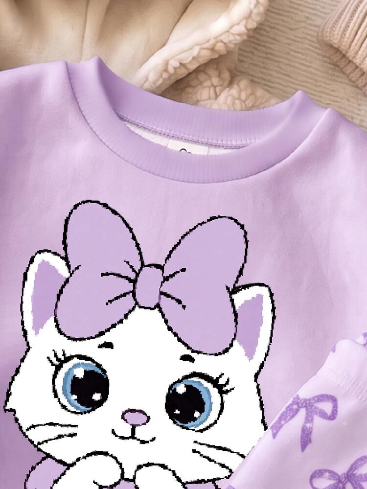 Cream Purple Soft Sweet Glitter Bow Cartoon Cat Plush Applique Embroidery Pattern Young Girl Casual Soft Comfortable Loose Round Neck Pullover Sweatshirt & Brushed Leggings 2pcs Set Suitable For Autumn/Winter Daily Wear, Back To School Season, New Season, Sweet Girly - Multicolor - View 6