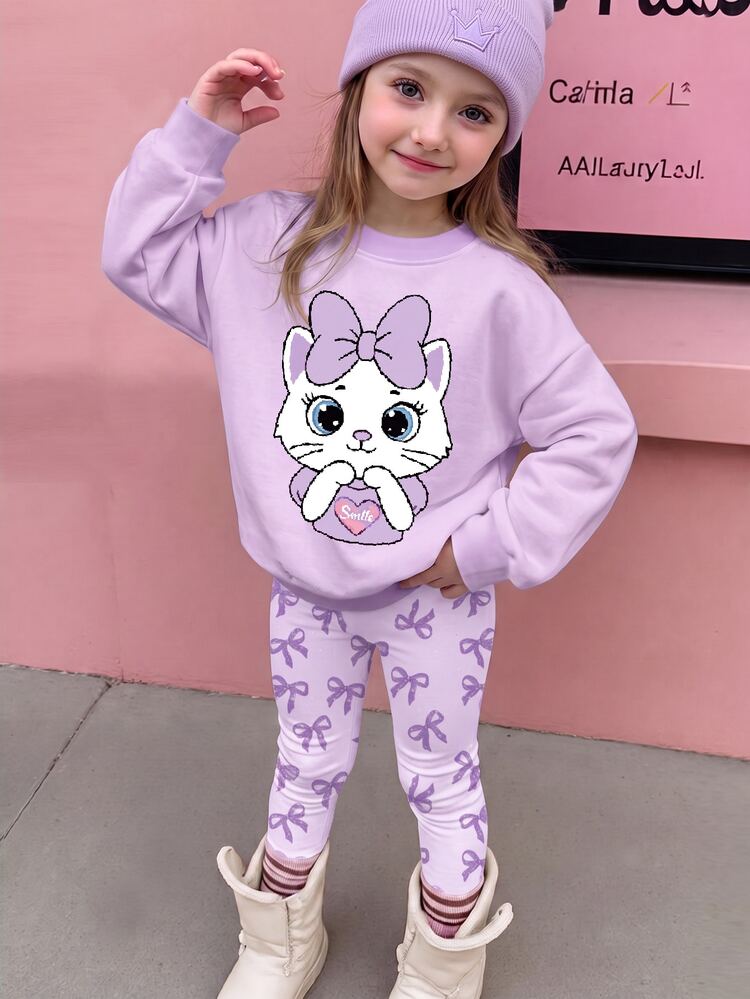Cream Purple Soft Sweet Glitter Bow Cartoon Cat Plush Applique Embroidery Pattern Young Girl Casual Soft Comfortable Loose Round Neck Pullover Sweatshirt & Brushed Leggings 2pcs Set Suitable For Autumn/Winter Daily Wear, Back To School Season, New Season, Sweet Girly - Multicolor - View 4