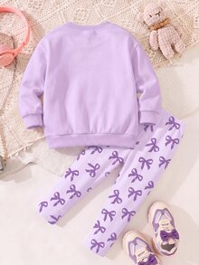 奶油紫軟甜閃粉蝴蝶結卡通貓絨毛貼布繡花圖案少女休閒舒適鬆款圓領套頭衛衣與刷毛內搭褲2件組，適合秋冬日常穿著、返校季、新季節，甜美女孩風 - 彩色 - 查看 2