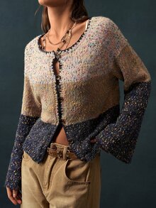 Bohemela Women's Shell Embroidery Contrast Color Button Long Sleeve Knit Cardigan - Multicolor - View 7