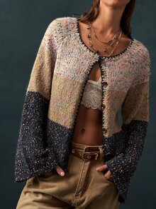 Bohemela Women's Shell Embroidery Contrast Color Button Long Sleeve Knit Cardigan - Multicolor - View 3