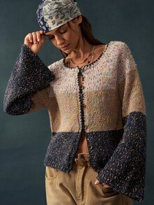 Bohemela Women's Shell Embroidery Contrast Color Button Long Sleeve Knit Cardigan - Multicolor - View 4