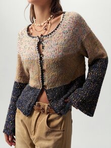 Bohemela Women's Shell Embroidery Contrast Color Button Long Sleeve Knit Cardigan - Multicolor - View 2
