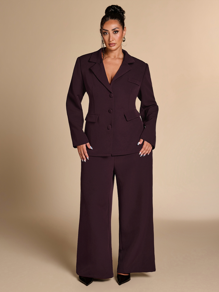 SHEIN BAE CURVE طقم كاجوال للنساء مقاس كبير بليزر وبنطلون باللون العنابي، طقم بدلة باللون العنابي السادة للخريف، طقم خياطة كاجوال أعمال باللون البنفسجي الداكن، ملابس العمل المكتبية - احمر وردي اللون - مشاهدة 4