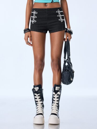 Y2Kool Grey Black Washed Distressed Y2K Gothic Punk Streetwear Casual Dark Aesthetic Women's Denim Shorts, Suitable For Summer Fall, Party, Holiday, Island Vacation, Music Festival, EDM Festival, Daily Wear, Halloween
