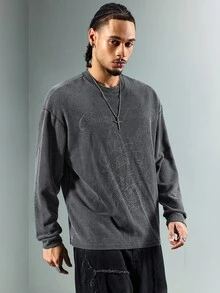 ROMWE MEN Men's Waffle Knit Slogan Print Washed Long Sleeve T-Shirt - Black - View 3