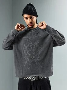 ROMWE MEN Men's Waffle Knit Slogan Print Washed Long Sleeve T-Shirt - Black - View 1