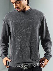 ROMWE MEN Men's Waffle Knit Slogan Print Washed Long Sleeve T-Shirt - Black - View 6