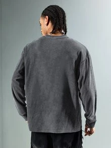 ROMWE MEN Men's Waffle Knit Slogan Print Washed Long Sleeve T-Shirt - Black - View 5
