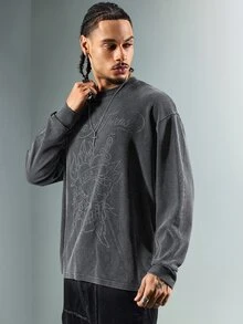 ROMWE MEN Men's Waffle Knit Slogan Print Washed Long Sleeve T-Shirt - Black - View 4