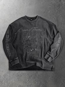 ROMWE MEN Men's Waffle Knit Slogan Print Washed Long Sleeve T-Shirt - Black - View 2