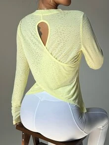 SHEIN Sports Kaos Olahraga Lengan Raglan dengan Hem Asimetris Warna Putih, Atasan Gym, Atasan Pakaian Olahraga, Atasan Tank Top untuk Latihan - Kuning - View 1