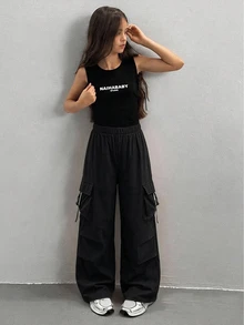 SHEIN Sparklyn 青少年女孩秋季服飾 素色休閒百搭日常穿著長褲 街頭風秋冬套裝 返校季針織寬鬆工裝褲 黑色 - 黑色 - 查看 9