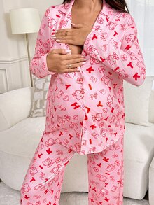 Slowluna Maternity Nursing Cartoon Print Long Sleeve Top And Adjustable Waist Pants 2 Pieces Set - Pink - View 8