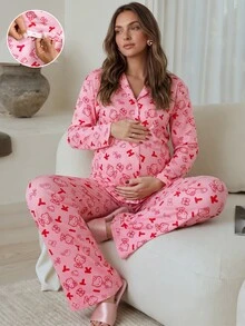 Slowluna Maternity Nursing Cartoon Print Long Sleeve Top And Adjustable Waist Pants 2 Pieces Set - Pink - View 2