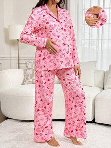Slowluna Maternity Nursing Cartoon Print Long Sleeve Top And Adjustable Waist Pants 2 Pieces Set - Pink - View 4