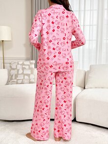 Slowluna Maternity Nursing Cartoon Print Long Sleeve Top And Adjustable Waist Pants 2 Pieces Set - Pink - View 5