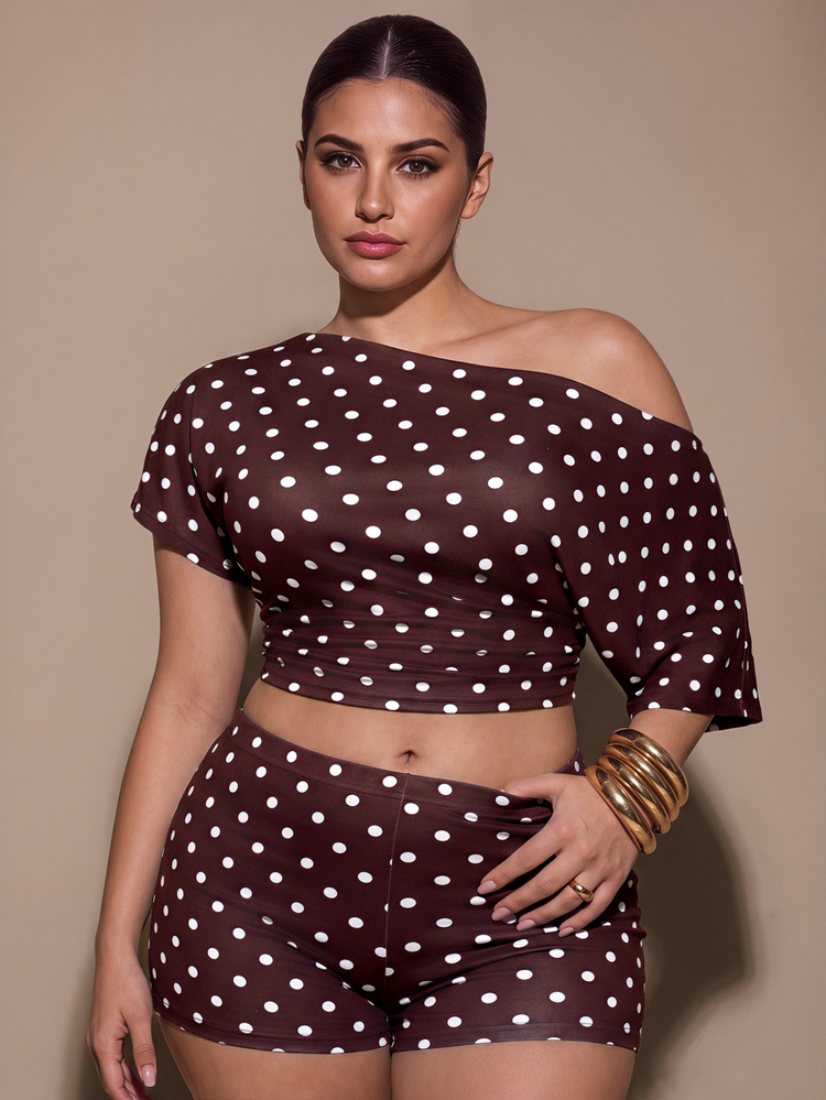 SHEIN BAE CURVE Plus Size Women's Casual Elegant T-Shirt And Shorts 2 Pieces Set, Polka Dot Print, Streetwear, Suitable For Daily Commute, Date, Party, Autumn/Winter, - Multicolor - View 5