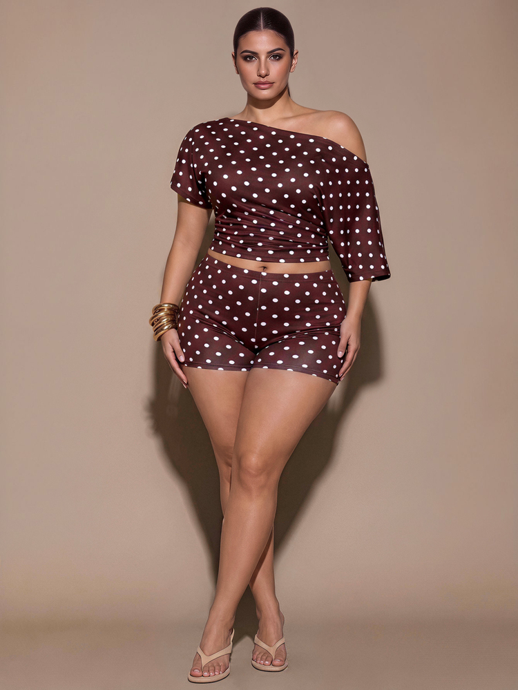 SHEIN BAE CURVE Plus Size Women's Casual Elegant T-Shirt And Shorts 2 Pieces Set, Polka Dot Print, Streetwear, Suitable For Daily Commute, Date, Party, Autumn/Winter, - Multicolor - View 8