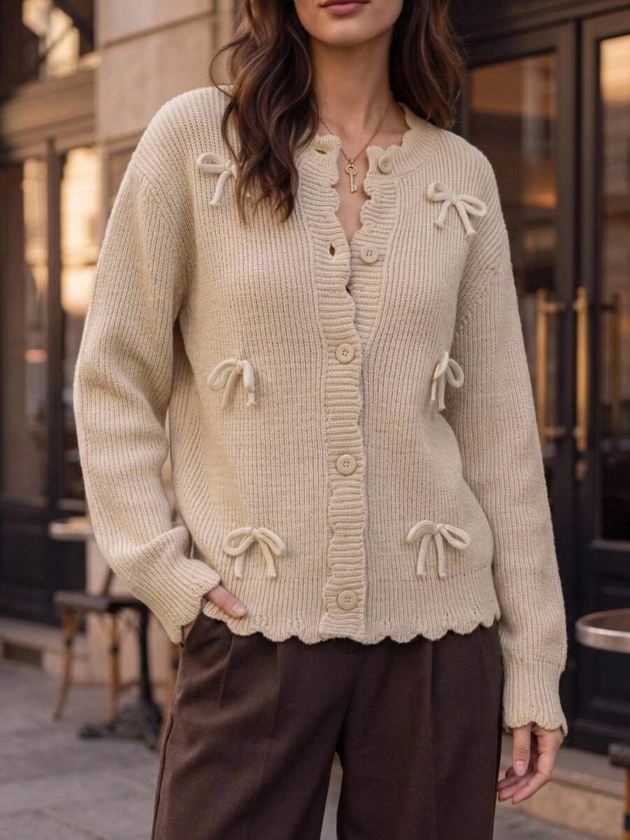 SHEIN Petite Size Women Beige Solid Color Ribbon Trim Bow Detailed Button Front Cardigan, Cute French Romantic Casual Dail Brunch Autumn Winter - Beige - View 1