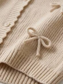 SHEIN Petite Size Women Beige Solid Color Ribbon Trim Bow Detailed Button Front Cardigan, Cute French Romantic Casual Dail Brunch Autumn Winter - Beige - View 9
