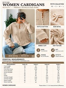 SHEIN Petite Size Women Beige Solid Color Ribbon Trim Bow Detailed Button Front Cardigan, Cute French Romantic Casual Dail Brunch Autumn Winter - Beige - View 4
