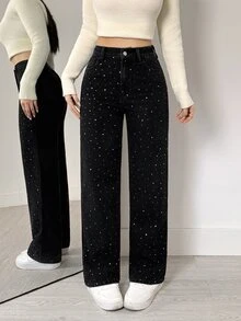 Flexra American Vintage Washed Black Rhinestone Straight Leg Jeans, Full-Body Star-Pattern Rhinestone Design, Classic Five-Pocket Style, High Waist Loose Fit, Leg-Flattering, Extended Length, Party-Ready, Versatile Black Denim Pants - Black - View 4