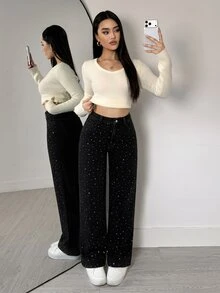 Flexra American Vintage Washed Black Rhinestone Straight Leg Jeans, Full-Body Star-Pattern Rhinestone Design, Classic Five-Pocket Style, High Waist Loose Fit, Leg-Flattering, Extended Length, Party-Ready, Versatile Black Denim Pants - Black - View 5