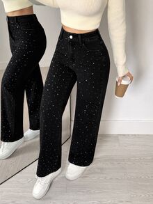 Flexra American Vintage Washed Black Rhinestone Straight Leg Jeans, Full-Body Star-Pattern Rhinestone Design, Classic Five-Pocket Style, High Waist Loose Fit, Leg-Flattering, Extended Length, Party-Ready, Versatile Black Denim Pants - Black - View 6