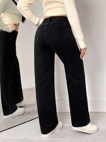 Flexra American Vintage Washed Black Rhinestone Straight Leg Jeans, Full-Body Star-Pattern Rhinestone Design, Classic Five-Pocket Style, High Waist Loose Fit, Leg-Flattering, Extended Length, Party-Ready, Versatile Black Denim Pants - Black - View 10