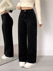 Flexra American Vintage Washed Black Rhinestone Straight Leg Jeans, Full-Body Star-Pattern Rhinestone Design, Classic Five-Pocket Style, High Waist Loose Fit, Leg-Flattering, Extended Length, Party-Ready, Versatile Black Denim Pants - Black - View 7