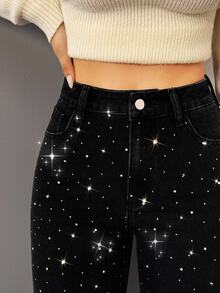 Flexra American Vintage Washed Black Rhinestone Straight Leg Jeans, Full-Body Star-Pattern Rhinestone Design, Classic Five-Pocket Style, High Waist Loose Fit, Leg-Flattering, Extended Length, Party-Ready, Versatile Black Denim Pants - Black - View 9