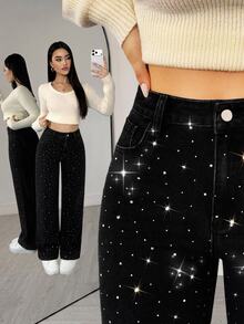 Flexra American Vintage Washed Black Rhinestone Straight Leg Jeans, Full-Body Star-Pattern Rhinestone Design, Classic Five-Pocket Style, High Waist Loose Fit, Leg-Flattering, Extended Length, Party-Ready, Versatile Black Denim Pants - Black - View 8