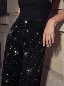 Flexra American Vintage Washed Black Rhinestone Straight Leg Jeans, Full-Body Star-Pattern Rhinestone Design, Classic Five-Pocket Style, High Waist Loose Fit, Leg-Flattering, Extended Length, Party-Ready, Versatile Black Denim Pants - Black - View 2