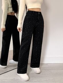 Flexra American Vintage Washed Black Rhinestone Straight Leg Jeans, Full-Body Star-Pattern Rhinestone Design, Classic Five-Pocket Style, High Waist Loose Fit, Leg-Flattering, Extended Length, Party-Ready, Versatile Black Denim Pants - Black - View 3