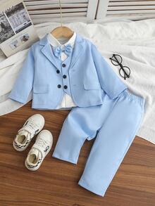 Setelan Jas Anak Laki-Laki, Setelan Tradisional Musim Gugur untuk Pernikahan, Ulang Tahun, dan Pengiring Pengantin Pria, Jaket Berkerah Lekukan, Rompi Biru Muda, Kemeja, Celana Pita Biru Putih - Biru - View 4