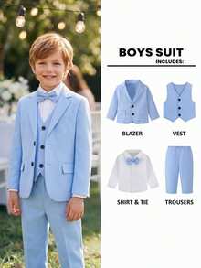 Setelan Jas Anak Laki-Laki, Setelan Tradisional Musim Gugur untuk Pernikahan, Ulang Tahun, dan Pengiring Pengantin Pria, Jaket Berkerah Lekukan, Rompi Biru Muda, Kemeja, Celana Pita Biru Putih - Biru - View 2