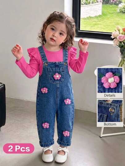 SHEIN Vintaside Kids Conjunto de 2 piezas para niña bebé, top de manga larga con hombros con volantes y peto vaquero con aplique de flor 3D, ropa de otoño para niños pequeños