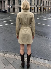 Struktiv Simple Half Placket Belted Waist Flowy Shirt Mini Dress - Khaki - View 2
