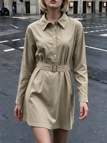 Struktiv Simple Half Placket Belted Waist Flowy Shirt Mini Dress - Khaki - View 4