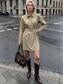 Struktiv Simple Half Placket Belted Waist Flowy Shirt Mini Dress - Khaki - View 1