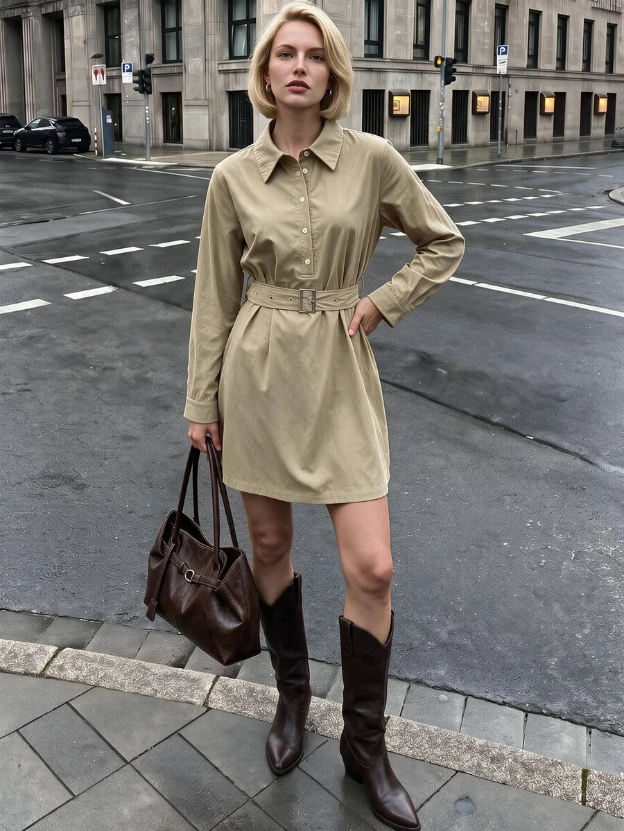 Struktiv Simple Half Placket Belted Waist Flowy Shirt Mini Dress - Khaki - View 1
