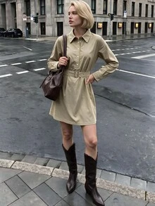 Struktiv Simple Half Placket Belted Waist Flowy Shirt Mini Dress - Khaki - View 5