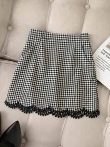 Muvela Rok Mini A-Line Pinggang Tinggi Motif Kotak-kotak dengan Hiasan Renda, Gaya Preppy, Manis & Imut, Rok Kotak-kotak, Pakaian Musim Gugur, Rok Wanita Musim Gugur Musim Dingin - Hitam dan Putih - View 3