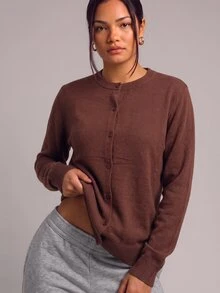 YARNWELL Women's Fashion Single-Breasted Long Sleeve Knit Thin Cardigan - Coffee Brown - View 3