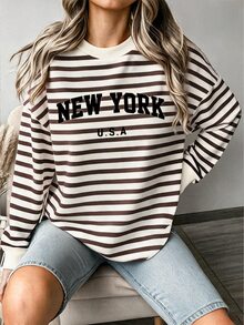 SHEIN LUNE Women's Minimalist Striped Letter Print Long Sleeve Sweatshirt - White - View 5