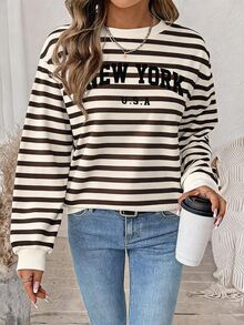SHEIN LUNE Women's Minimalist Striped Letter Print Long Sleeve Sweatshirt - White - View 1
