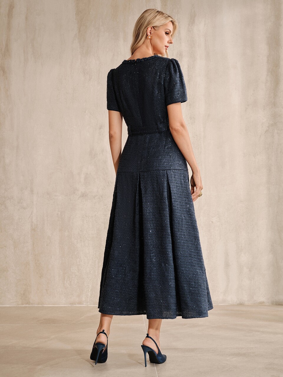 Anewsta Early Summer V-Neck Short Sleeve Elegant Textured Fabric Beaded Sequin Metal Buckle Cinched Waist Long Dress For Women Teachers' Day